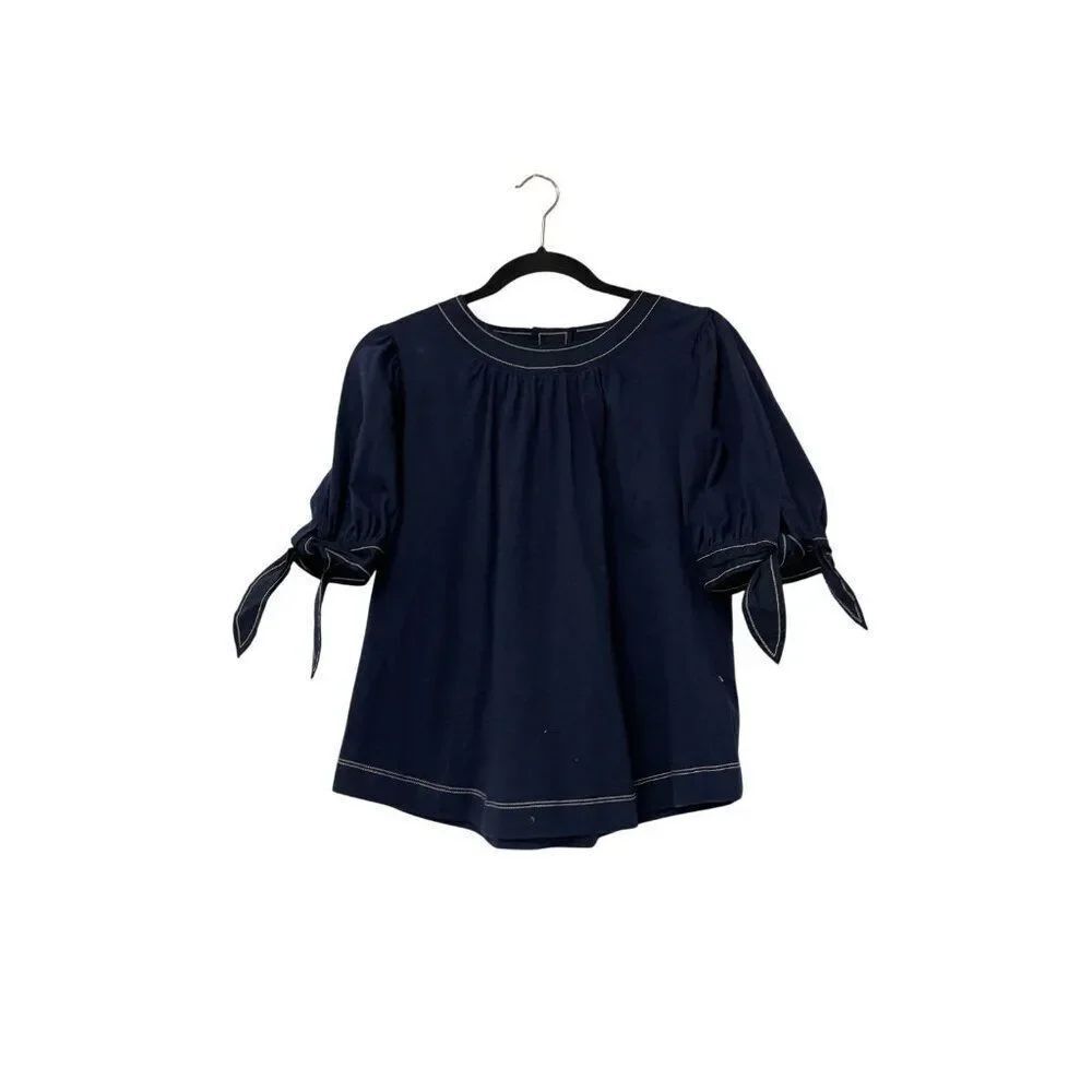 Anthropologie Womens Rialto Blouse Stitched Top Small Navy Blue Half Sleeve NWT